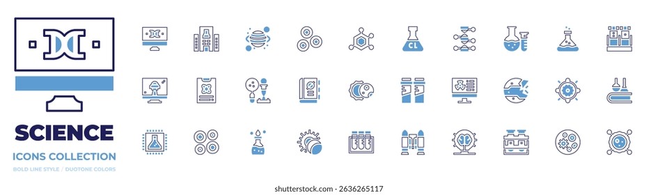 Science icon collection. Bold line style. Duotone colors. dna structure, research center, planet, red blood cells, structure, ultra chlorine, genetic.