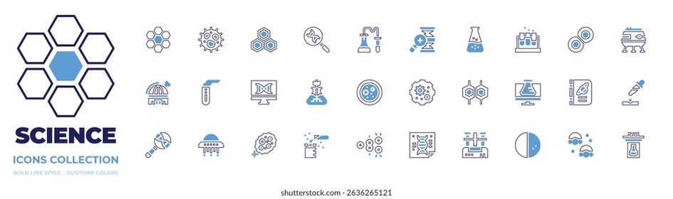 Science icon collection. Bold line style. Duotone colors. cell, nucleotide, dna, chemistry, flask, test tubes, lunar module, observatory, test tube, virus.