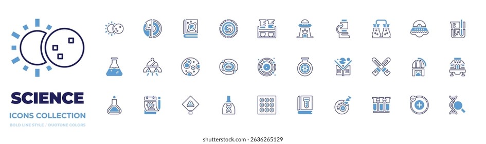 Science icon collection. Bold line style. Duotone colors. eclipse, geology, book, atmosphere, test tubes, abduction, microscope, chemical, ufo, beaker, flask.