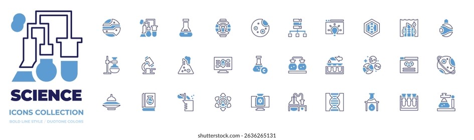 Science icon collection. Bold line style. Duotone colors. mars, experiment, flask, ufo, moon, data science, idea, dna, underwater city, space colonization.