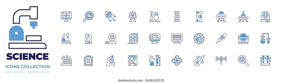 Science icon collection. Bold line style. Duotone colors. bioinformatics, search, ufo, android, flask, dna, brain, microscope, friction, scientific, laptop.
