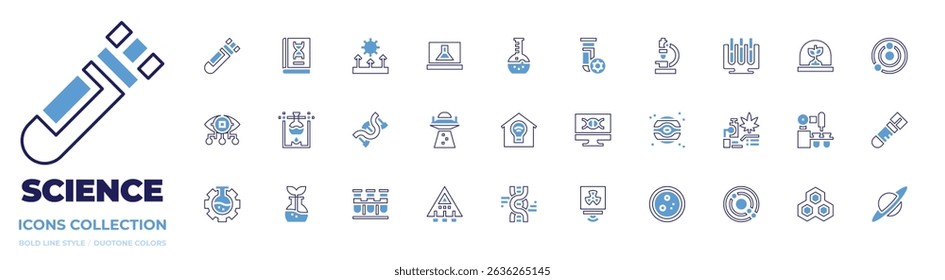 Science icon collection. Bold line style. Duotone colors. test tube, book, light refraction, laptop, flask, blood test, microscope, virtual lab, eye, ufo, dna.