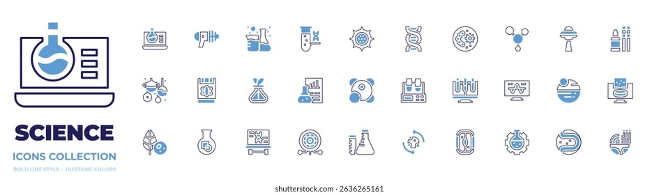 Science icon collection. Bold line style. Duotone colors. chemistry, toy gun, chemical, test tube, virus, dna, petri dish, molecules, ufo, planetarium, flask.