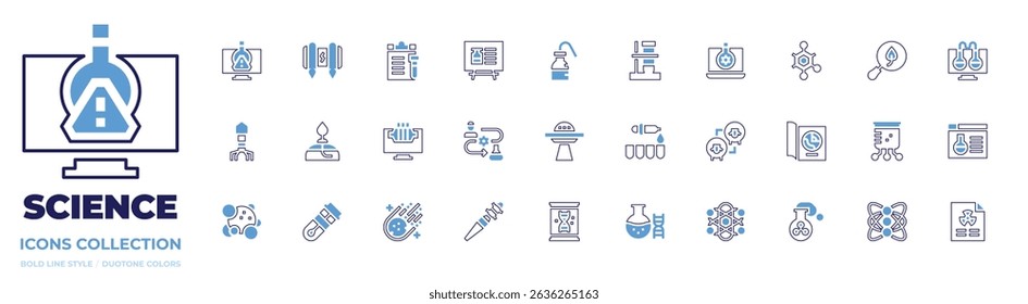 Science icon collection. Bold line style. Duotone colors. catalyst, jetpack, document, presentation, wash bottle, tube, structure, search, virtual lab, ufo.
