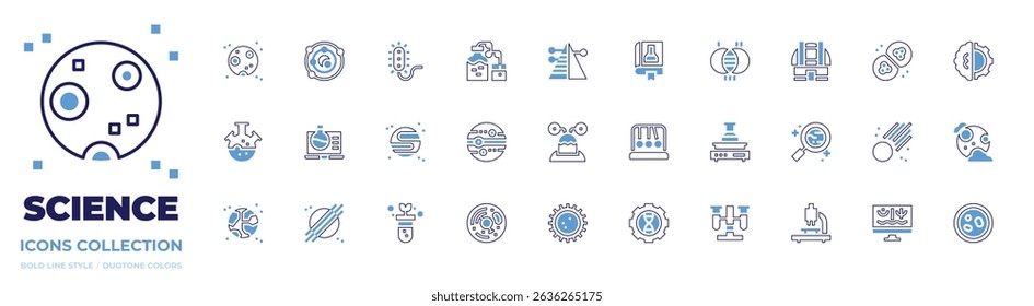Science icon collection. Bold line style. Duotone colors. full moon, universe, prokaryotic, distilling, layers, book, theory, observatory, mother cells, gmo.