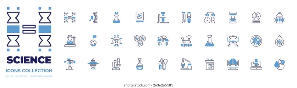 Science icon collection. Bold line style. Duotone colors. twins, dna, gmo, astronomy, experiment, test tubes, chemical, tesla coil, molecular biology, flask.