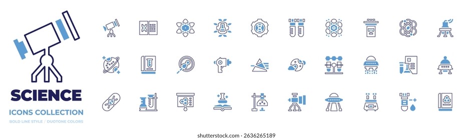 Science icon collection. Bold line style. Duotone colors. telescope, research, atom, science, genetic engineering, test tube, lectern, flask, saturn, prism.