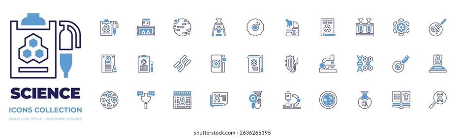 Science icon collection. Bold line style. Duotone colors. report, flask, planet, experiment, cell, microscope, nuclear, test tube, atom, petri dish, dna, sample.