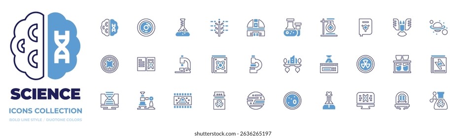 Science icon collection. Bold line style. Duotone colors. dna, cell, flask, phylogenetic, telescope, chemistry, deformity, saturn, observation, book, scale, pc.