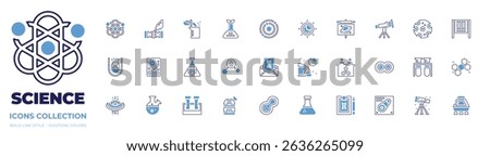 Science icon collection. Bold line style. Duotone colors. atom, dna structure, experiment, plant, galaxy, eclipse, presentation, telescope, mercury, letter.
