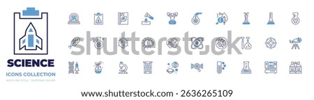 Science icon collection. Bold line style. Duotone colors. portal, report, book, test tube, research, florence flask, botany, gmo, flask, microorganism, virus.