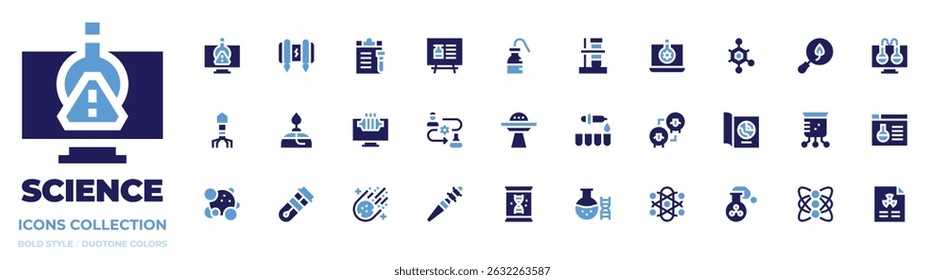 Science icon collection. Bold style. Duotone colors. catalyst, jetpack, document, presentation, wash bottle, tube, structure, search, virtual lab, ufo.