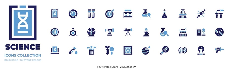 colección de ícono de Ciencia. Estilo audaz. Portapapeles, astronomía, probeta, placa de Petri, matraz, reacción química, observatorio, molecular.