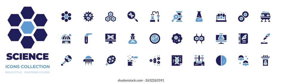 Science icon collection. Bold style. Duotone colors. cell, nucleotide, dna, chemistry, flask, test tubes, lunar module, observatory, test tube, virus.