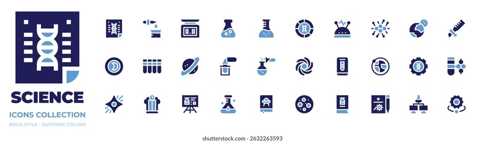 Science icon collection. Bold style. Duotone colors. poster, chemical analysis, balance scale, flask, beaker, dna, electricity, enzyme, moon, pipette.