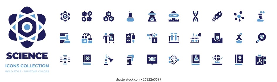colección de ícono de Ciencia. Estilo audaz. Colores duotónicos: átomo, células sanguíneas, célula, matraz, ovni, ADN, bacterias, molécula, sustancia química, base de datos, destilación, pM.