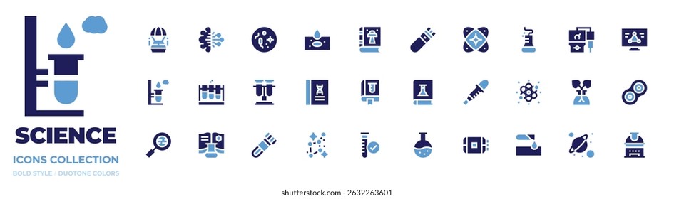Ikonensammlung der Wissenschaft. Fett. Duotonfarben. Kapsel, künstliche Intelligenz, Virus, Folie, Science Fiction, Bluttest, Urknall, Wissenschaft.
