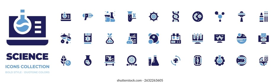 colección de ícono de Ciencia. Estilo audaz. Química, pistola de juguete, química, tubo de ensayo, virus, ADN, placa de Petri, moléculas, ovni, planetario, matraz.