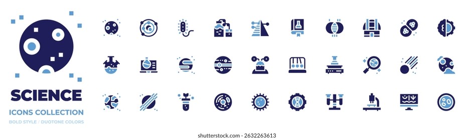 Science icon collection. Bold style. Duotone colors. full moon, universe, prokaryotic, distilling, layers, book, theory, observatory, mother cells, gmo.