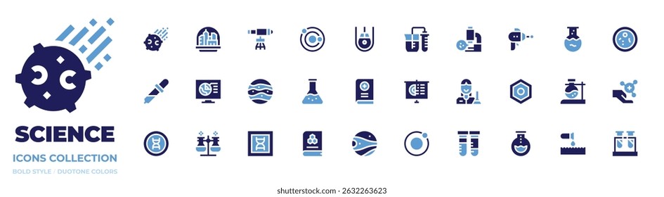 Science icon collection. Bold style. Duotone colors. meteorite, space colony, telescope, solar system, space capsule, laboratory, microscope, cells.