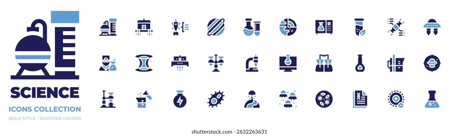 Science icon collection. Bold style. Duotone colors. nuclear, house, fish, saturn, laboratory, geology, microwave, tube, scientist, wormhole, ufo, flask, dna.