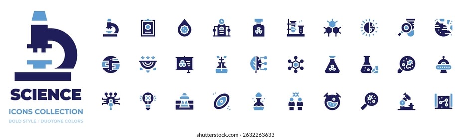 colección de ícono de Ciencia. Estilo audaz. Microscopio, informe, sangre, máquina del tiempo, química, química, estructura, día y noche, búsqueda.