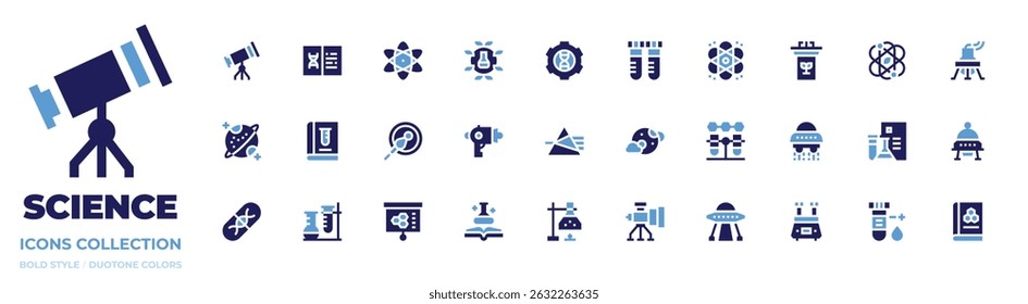 Science icon collection. Bold style. Duotone colors. telescope, research, atom, science, genetic engineering, test tube, lectern, flask, saturn, prism.