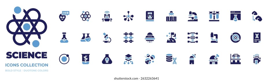 Science icon collection. Bold style. Duotone colors. alien, atom, robot, molecule, magazine, ufo, microscope, test tubes, chemistry, human evolution, dna.