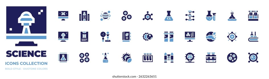 colección de ícono de Ciencia. Estilo audaz. Estructura del ADN, centro de investigación, planeta, glóbulos rojos, estructura, cloro ultra, genética.