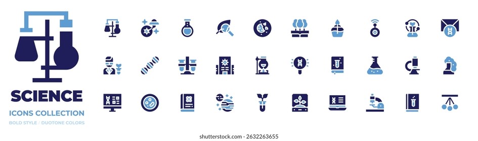 Science icon collection. Bold style. Duotone colors. laboratory, ufo, flask, leaf, destroyed planet, science, bunsen burner, spy, envelope, scientist.
