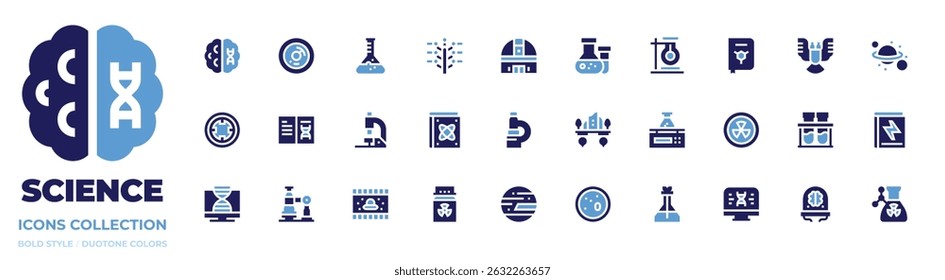 Science icon collection. Bold style. Duotone colors. dna, cell, flask, phylogenetic, telescope, chemistry, deformity, saturn, observation, book, scale, pc.