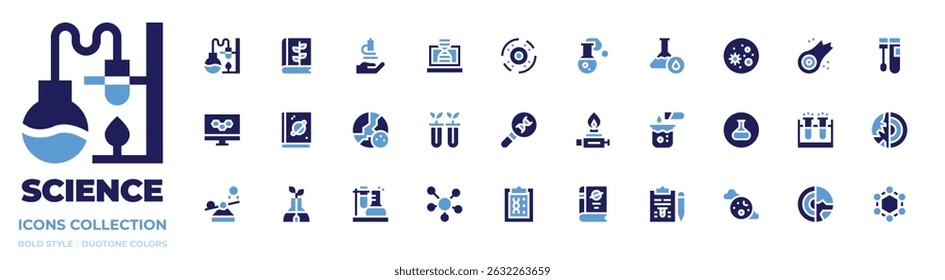 Coleção de ícones de ciência. Estilo negrito. Cores duotônicas. laboratório, botânica, ciências, laptop, buraco negro, ciência, química, vírus, asteroide, cotonete, monitor, espaço, dna.