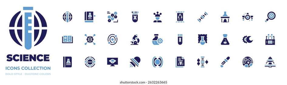 Science icon collection. Bold style. Duotone colors. research, science, cells, test tube, mind reader, teleportation, dna, ufo, search, chemistry, ai, lcd.