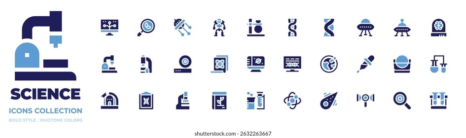Science icon collection. Bold style. Duotone colors. bioinformatics, search, ufo, android, flask, dna, brain, microscope, friction, scientific, laptop.