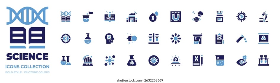 Science icon collection. Bold style. Duotone colors. genetics, chemical, book, observatory, blood, magnetism, planet, toxic chemical, day and night.