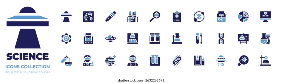 Science icon collection. Bold style. Duotone colors. ufo, parasite, dropper, machine, biology, report, solar system, sprout, heart, planet, incubator, swab.