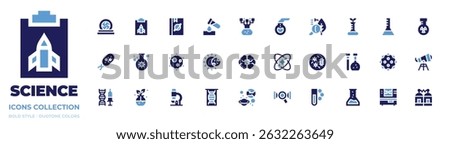 Science icon collection. Bold style. Duotone colors. portal, report, book, test tube, research, florence flask, botany, gmo, flask, microorganism, virus.