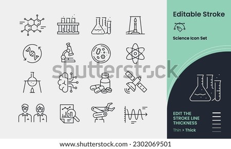 Science Icon collection containing 16 editable stroke icons. Perfect for logos, stats and infographics. Edit the thickness of the line in any vector capable app.