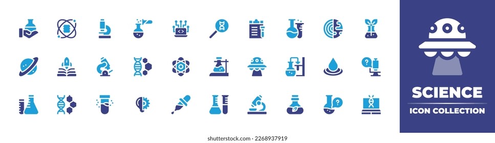 Colección de iconos de ciencia. Color de duotona. Ilustración vectorial. Conteniendo el matraz, la ciencia de datos, el microscopio, la reacción química, la informática, la ciencia forense, el documento, los frascos, el núcleo, la biología, la saturn.