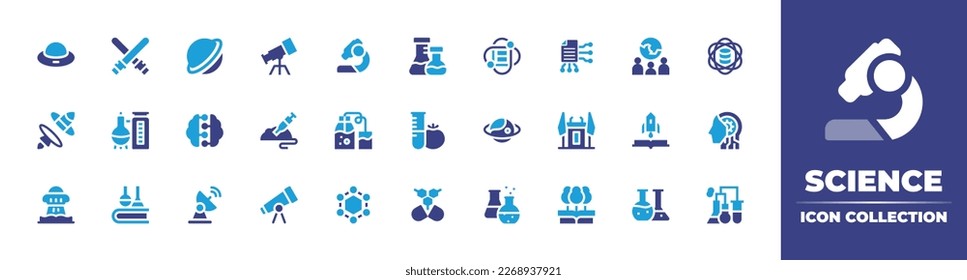 Science icon collection. Duotone color. Vector illustration. Containing ufo, lightsaber, planet, telescope, microscope, flasks, data science, information system, social science, portal, distillation.