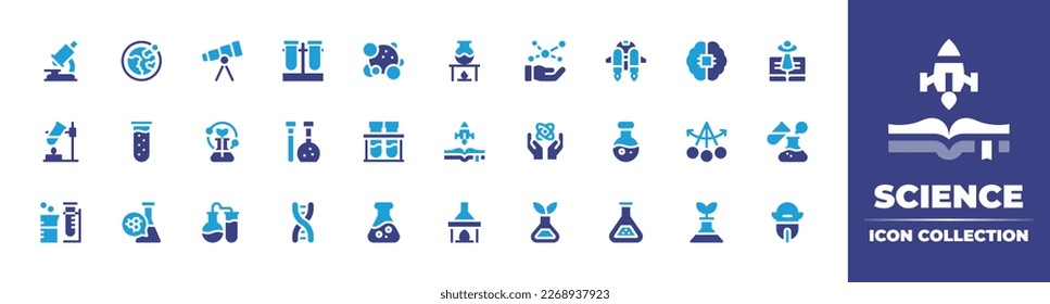 Science icon collection. Duotone color. Vector illustration. Containing microscope, orbit, telescope, test tube, staphylococcus, experiment, hand, jetpack, ai, science fiction, flask, chemical.