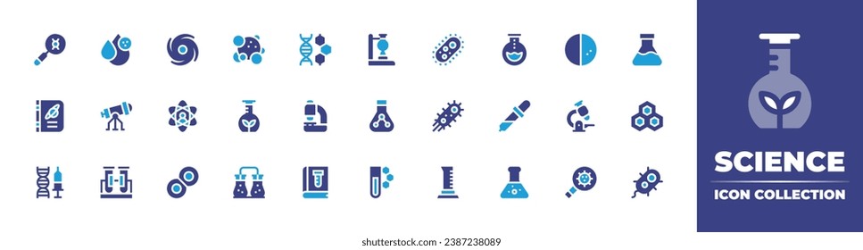 Wissenschaftssymbol-Sammlung. Duotonfarbe. Vektorgrafik und transparente Illustration. Enthält Staphylokokken, Gmo, Chemie, und Mikroskop, Wissenschaftsbuch, Galaxie, Atom, Zelle, Halbmond, Lupe.