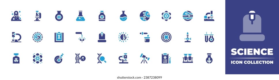 Science icon collection. Duotone color. Vector and transparent illustration. Containing chemical, mercury, corrosive, bunsen burner, cancer, experiment, poison, microscope, chemistry, dna, biology.
