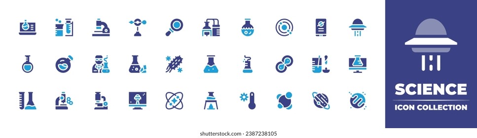 Science icon collection. Duotone color. Vector and transparent illustration. Containing chemistry, tube, flask, microscope, hot weather, solar system, keplers law, orbit, scientist, cell division.