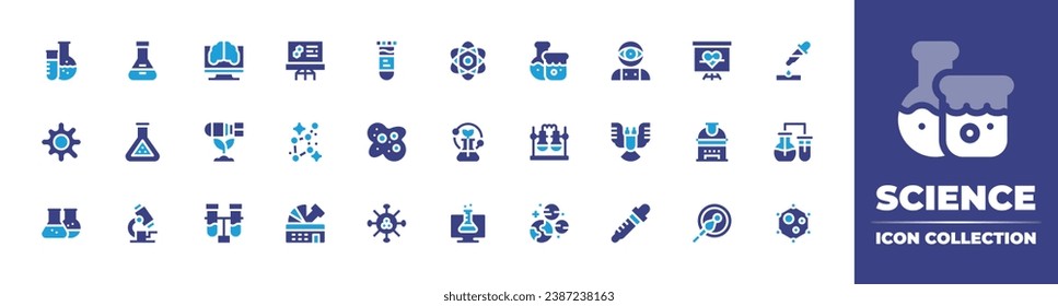 Science icon collection. Duotone color. Vector and transparent illustration. Containing laboratory, atom, cell, flask, chemical, virtual lab, chemistry, experiment, microscope, planets, presentation.