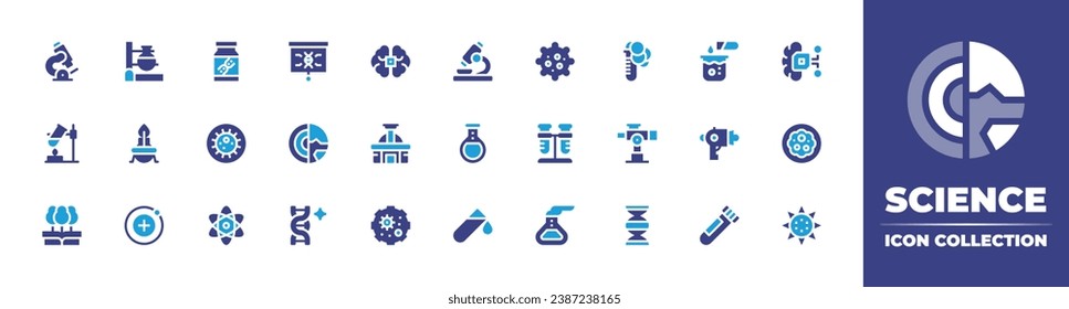 Science icon collection. Duotone color. Vector and transparent illustration. Containing microscope, research, experiment, flask, science, test tube, virus, burner, flasks, proton, dna.
