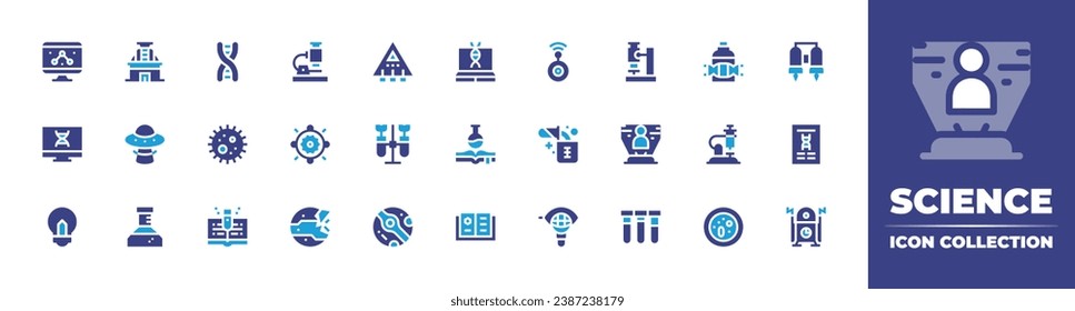 Science icon collection. Duotone color. Vector and transparent illustration. Containing science, chemistry, time machine, genetic engineering, mars, spaceship, dna, idea, microscope, sun, planet.