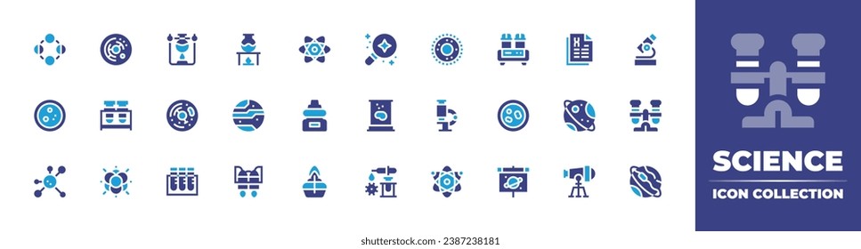 Science icon collection. Duotone color. Vector and transparent illustration. Containing physical, dropper, bunsen burner, uranus, microscope, test tube, cell, brain, molecule, medical lab, experiment.