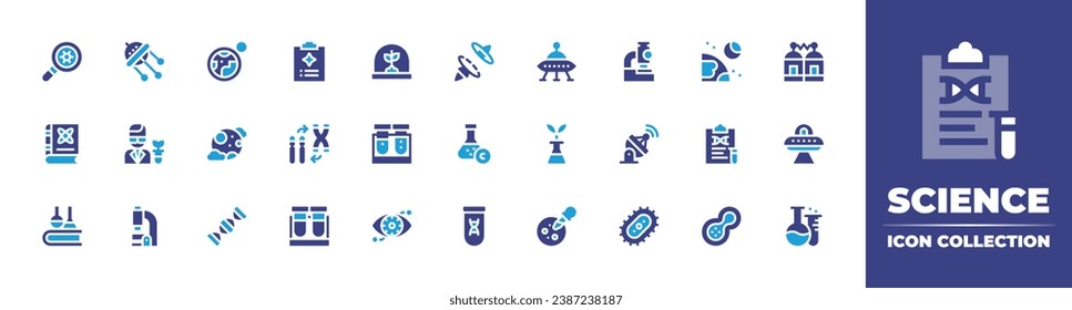 Science icon collection. Duotone color. Vector and transparent illustration. Containing science, chemistry, dna, bionic eye, flasks, nanotechnology, portal, ufo, scientist, flask, microscope, pipette.