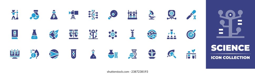 Science icon collection. Duotone color. Vector and transparent illustration. Containing flask, microscope, meteorite, mars, planet, plasma ball, microbiology, analytics, lab, virus, book, atom.